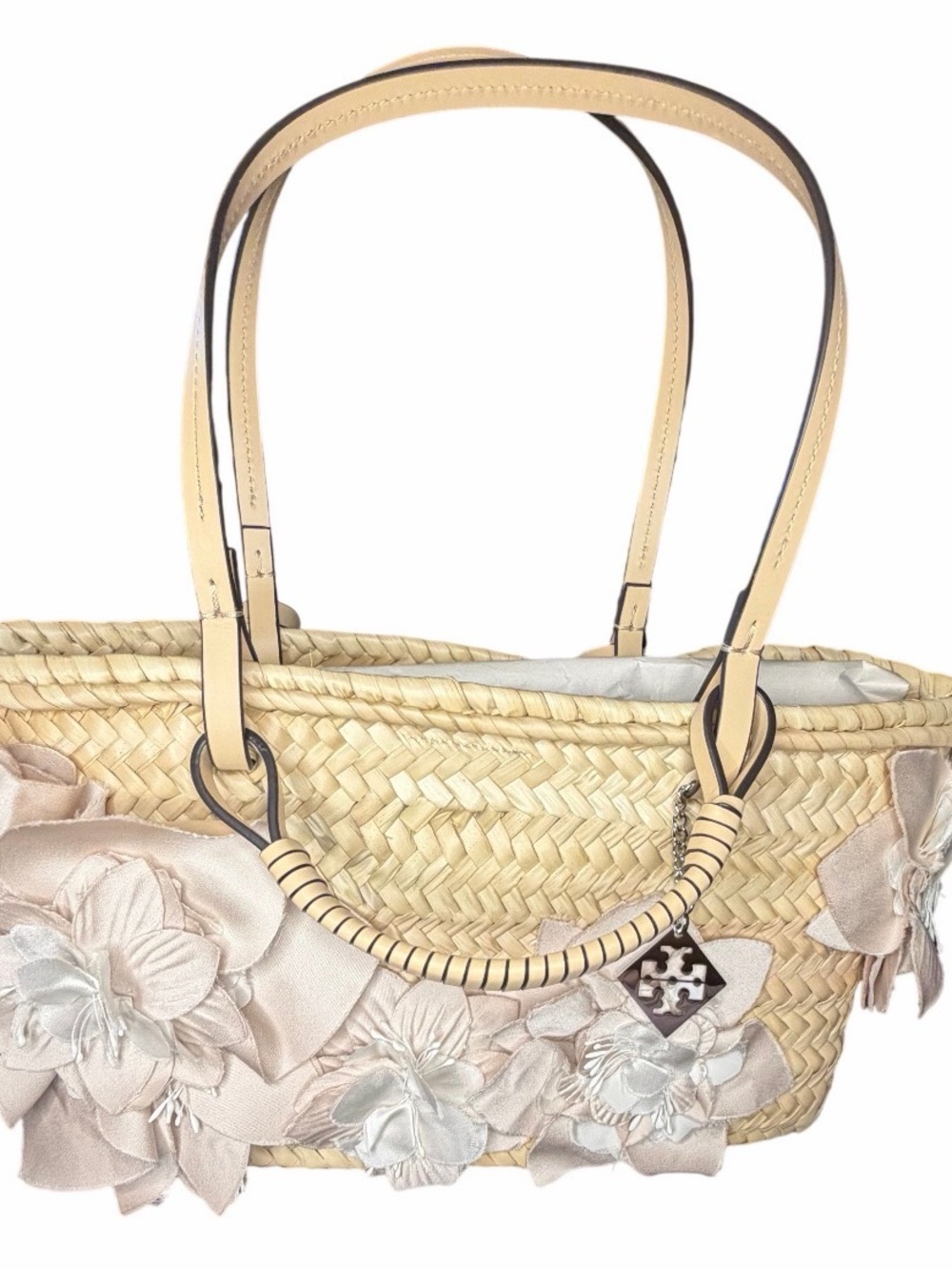 Tory Burch Natural Straw Tote with Blush and Ivory Floral Appliqués